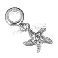 Stainless Steel European Pendants, Starfish, without troll & with rhinestone, 3x12x9mm, 12x16x3mm, Hole:Approx 5mm, 10PCs/Lot, Sold By Lot