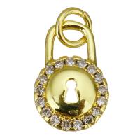 Cubic Zirconia Micro Pave Brass Pendant, Lock, gold color plated, micro pave cubic zirconia, 7x11x2.50mm, Hole:Approx 2.5mm, 10PCs/Lot, Sold By Lot