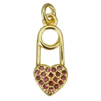 Cubic Zirconia Micro Pave Brass Pendant, Heart, gold color plated, micro pave cubic zirconia, 7x16x2mm, Hole:Approx 2.5mm, 10PCs/Lot, Sold By Lot