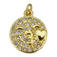 Cubic Zirconia Micro Pave Brass Pendant, Flat Round, gold color plated, micro pave cubic zirconia, 13x16x3mm, Hole:Approx 2.5mm, 10PCs/Lot, Sold By Lot