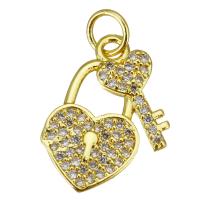 Cubic Zirconia Micro Pave Brass Pendant Lock and Key gold color plated micro pave cubic zirconia Approx 3.5mm Sold By Lot
