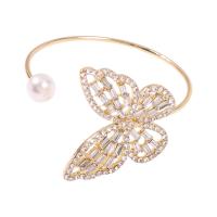 alliage de zinc bracelet manchette, avec perle, papillon, pour femme & avec strass, doré, 80x65mm, Vendu par PC