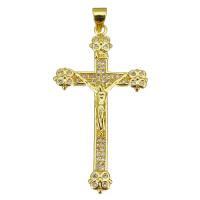 Krzyż wisiorki mosiądz, Krucyfiks krzyż, Platerowane w kolorze złota, mikro utorować cyrkonia, 23x42x3mm, otwór:około 3.5mm, 10komputery/wiele, sprzedane przez wiele