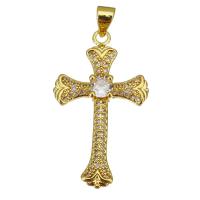 Brass Cross Pendants, gold color plated, micro pave cubic zirconia, 18x31x4mm, Hole:Approx 3.5mm, 10PCs/Lot, Sold By Lot