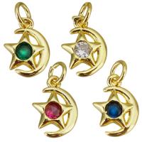 Cubic Zirconia Brass Pendants, Moon and Star, gold color plated, micro pave cubic zirconia, more colors for choice, 7.50x10.50x2mm, Hole:Approx 2.5mm, 20PCs/Lot, Sold By Lot