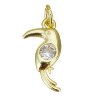 Cubic Zirconia Brass Pendants, Woodpecker, gold color plated, micro pave cubic zirconia, 7x13.50x2mm, Hole:Approx 2.5mm, 20PCs/Lot, Sold By Lot