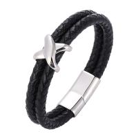 Cuir bracelet, avec acier inoxydable, acier inoxydable fermoir magnétique, Placage de couleur argentée, Double couche & bracelet tressé & unisexe, noire, 6mm, Vendu par brin