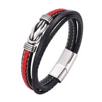 Microfibre PU bracelet, avec acier inoxydable, acier inoxydable fermoir magnétique, Placage de couleur argentée, Patchwork & trois couches & bracelet tressé & unisexe, noir et rouge, 12x6mm, Vendu par brin