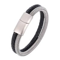 Leather Cord Bracelet, Microfiber PU, with Stainless Steel, stainless steel magnetic clasp, silver color plated, Double Layer & Unisex & mesh chain, black, 6x2mm, Sold By Strand