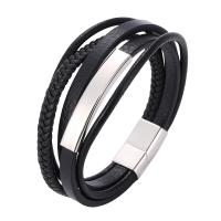 Leather Cord Bracelet, Microfiber PU, with Stainless Steel, stainless steel magnetic clasp, silver color plated, patchwork & multilayer & braided bracelet & Unisex, black, 12x6mm, Sold By Strand