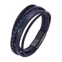 Microfiber PU Bracelet stainless steel magnetic clasp gun black plated multilayer & braided bracelet & Unisex blue Sold By Strand