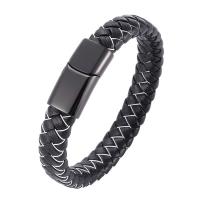 Microfibre PU bracelet, avec fil de queue de tigre, acier inoxydable fermoir magnétique, pistolet noir plaqué, bracelet tressé & unisexe, noire, 12x6mm, Vendu par brin