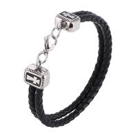 Cuir bracelet, acier inoxydable fermoir homard, Placage de couleur argentée, Double couche & bracelet tressé & unisexe, noire, 4mm, Vendu par brin