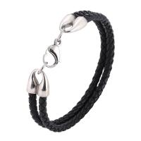 Cuir bracelet, acier inoxydable fermoir homard, Placage de couleur argentée, Double couche & bracelet tressé & unisexe, noire, 4mm, Vendu par brin