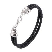 Leather Bracelet stainless steel lobster clasp silver color plated Double Layer & braided bracelet & Unisex black 4mm Sold By PC