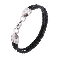 Cuir bracelet, acier inoxydable fermoir homard, Placage de couleur argentée, Double couche & bracelet tressé & unisexe, noire, 4mm, Vendu par PC
