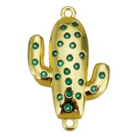 Cubic Zirconia Micro Pave Brass Connector, Opuntia Stricta, gold color plated, micro pave cubic zirconia & 1/1 loop, green, 16.50x26x3mm, Hole:Approx 1.5mm, 20PCs/Lot, Sold By Lot