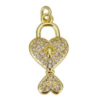Cubic Zirconia Micro Pave Brass Pendant, Heart, gold color plated, micro pave cubic zirconia, 10x21x3.50mm, Hole:Approx 2.5mm, 20PCs/Lot, Sold By Lot