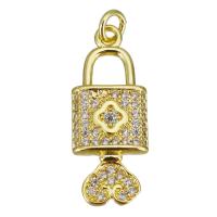 Cubic Zirconia Micro Pave Brass Pendant, Lock, gold color plated, micro pave cubic zirconia, 8.50x21.50x2.50mm, Hole:Approx 2.5mm, 20PCs/Lot, Sold By Lot