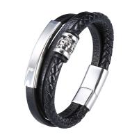 Leather Bracelet stainless steel magnetic clasp silver color plated patchwork & three layers & braided bracelet & Unisex black Sold By PC
