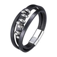 Cuir bracelet, acier inoxydable fermoir magnétique, Placage de couleur argentée, trois couches & unisexe, noire, 12x6mm, Vendu par PC