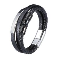 Cuir bracelet, avec acier inoxydable, acier inoxydable fermoir magnétique, Placage de couleur argentée, trois couches & bracelet tressé & unisexe, noire, 12x6mm, Vendu par PC