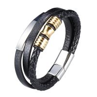 Кожа браслет, с нержавеющая сталь, нержавеющая сталь замок магнитный, плакирован серебром, Лоскутное & три слоя & плетеный браслет & Мужская, черный, 12x6mm, продается PC