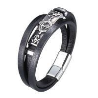 Leather Bracelet with Stainless Steel stainless steel magnetic clasp silver color plated patchwork & three layers & Unisex black Sold By PC