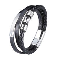 Cuir bracelet, avec acier inoxydable, acier inoxydable fermoir magnétique, Placage de couleur argentée, Patchwork & trois couches & bracelet tressé & unisexe, noire, 12x6mm, Vendu par PC