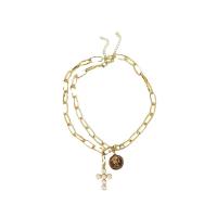 Mode-Multi-Layer-Halskette, Zinklegierung, mit Perlen, plattiert, für Frau, goldfarben, Länge:40 cm, verkauft von PC
