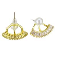 Ear Jackets, Brass, with Plastic Pearl, gold color plated, micro pave cubic zirconia, 19x15mm, 10Pairs/Lot, Sold By Lot
