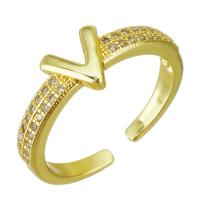 cobre Cuff Ring Finger, cromado de cor dourada, Ajustável & micro pavimento em zircônia cúbica, 7mm, tamanho:6, 10PCs/Lot, vendido por Lot