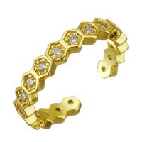 cobre Cuff Ring Finger, cromado de cor dourada, Ajustável & micro pavimento em zircônia cúbica, 4mm, tamanho:7, 10PCs/Lot, vendido por Lot