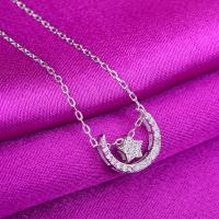 925 Sterling Silver Necklaces with 1.97inch extender chain Moon and Star silver color plated fashion jewelry & for woman & with rhinestone nickel lead & cadmium free Length 15.95 Inch Sold By PC