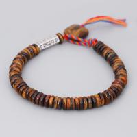 Bracelets naturelles Tiger Eye, oeil de tigre, avec Fil de coton & alliage de zinc, bijoux de mode, brun, 185x10mm, Vendu par PC