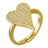 Cubique anneau en laiton Circonia Micro Pave, coeur, Placage de couleur d'or, Réglable & pavé de micro zircon, 16mm, Taille:6, 10PC/lot, Vendu par lot