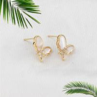 Brass Earring Drop Component with White Shell Butterfly real gold plated micro pave cubic zirconia & for woman white nickel lead & cadmium free Sold By Pair
