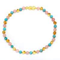 Amber Necklace with turquoise & Rose Quartz polished for children mixed colors Length 32 cm Sold By PC
