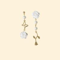 Asymmetric Earrings Resin with Zinc Alloy Flower gold color plated & for woman & with rhinestone white Sold By Lot