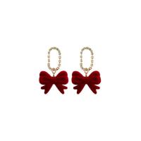 Acrylic Jewelry Earring, with Tibetan Style, Bowknot, gold color plated, for woman & with rhinestone, red, 30x50mm, 10Pairs/Lot, Sold By Lot