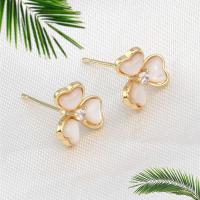 Brass Stud Earring with Shell Three Leaf Clover micro pave cubic zirconia golden Sold By PC
