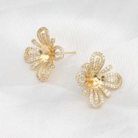 Brass Earring Stud Component Flower micro pave cubic zirconia golden Sold By PC