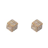 Tibetan Style Stud Earring, Square, gold color plated, for woman & with rhinestone, golden, 10x10mm, Sold By Pair