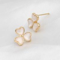 Brass Earring Drop Component with Shell Three Leaf Clover golden Sold By PC