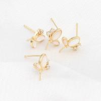 Brass Earring Stud Component, with Shell, Butterfly, micro pave cubic zirconia, golden, 13x10x2mm, Sold By PC