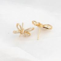 Brass Earring Stud Component, Bowknot, micro pave cubic zirconia, golden, 14x17x3mm, Sold By PC