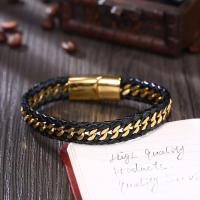 Acier titane bracelet, avec Cuir, acier de titane fermoir magnétique, Placage de couleur d'or, bracelet tressé & pour homme, brun, 14x29mm, Vendu par PC