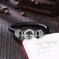 Leather Bracelet, titanium steel clasp, Skull, silver color plated, braided bracelet & for man, black, 19x50mm, Sold By PC