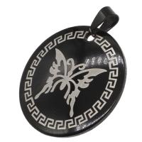 Stainless Steel Pendants, Round, with butterfly pattern, black, 35x35x1mm, Sold By PC