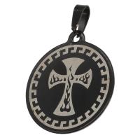 Stainless Steel Pendants, Round, with cross pattern, black, 35x35x1mm, Sold By PC